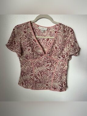Y2K Vintage Petite Sophisticate Pink Silk Paisley V-Neck Women's Topped